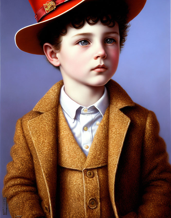 Young child with curly hair in brown coat, white shirt, red firefighter hat