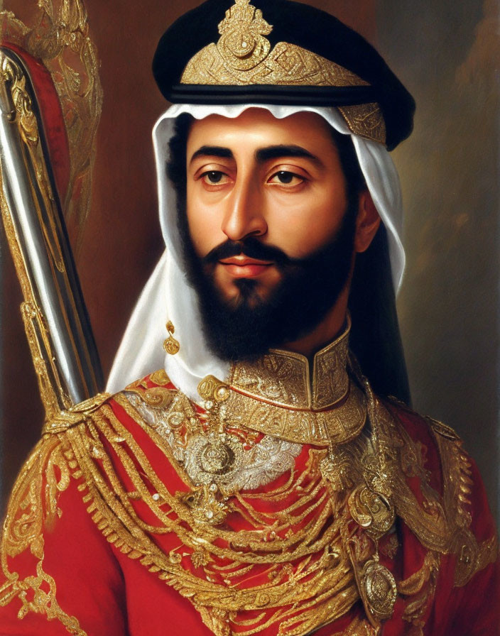 Traditional Middle Eastern man portrait in white headscarf and golden headdress.