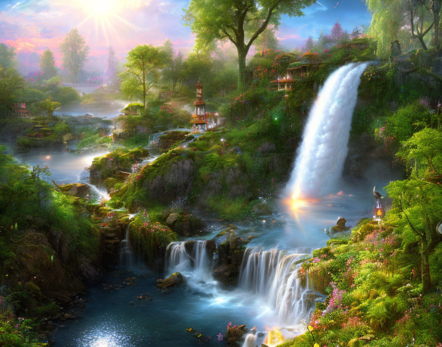 Scenic landscape with waterfall, stream, gazebo, and figure in sunlight