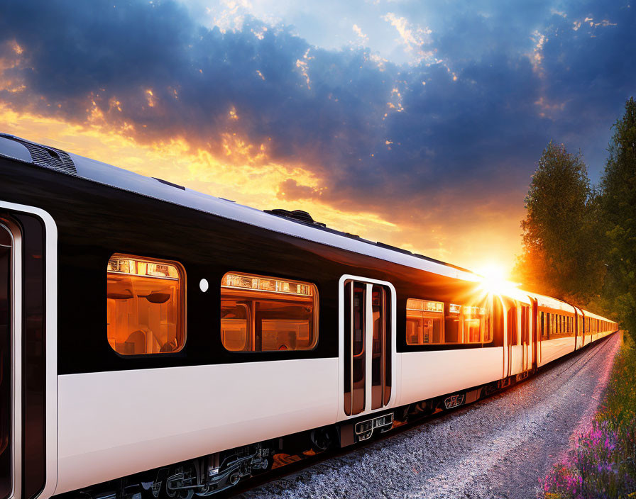 Sunset passenger train with golden light reflecting on windows, parked on track surrounded by greenery under vibrant