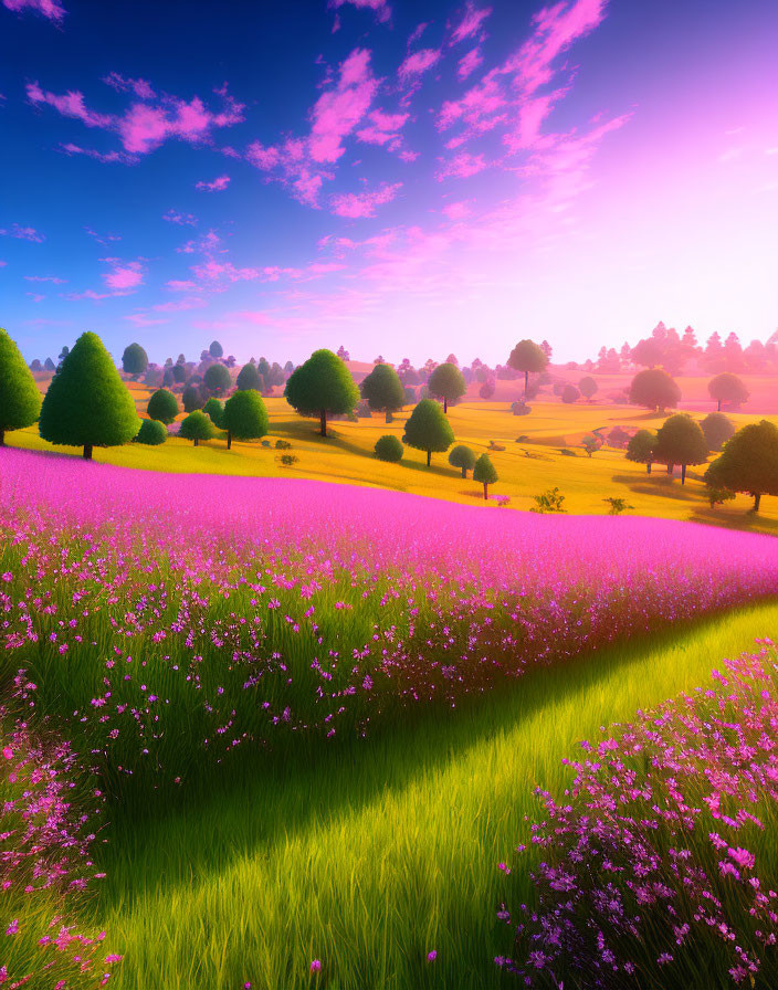 Vibrant landscape with purple flowers, green trees, and colorful sunset sky