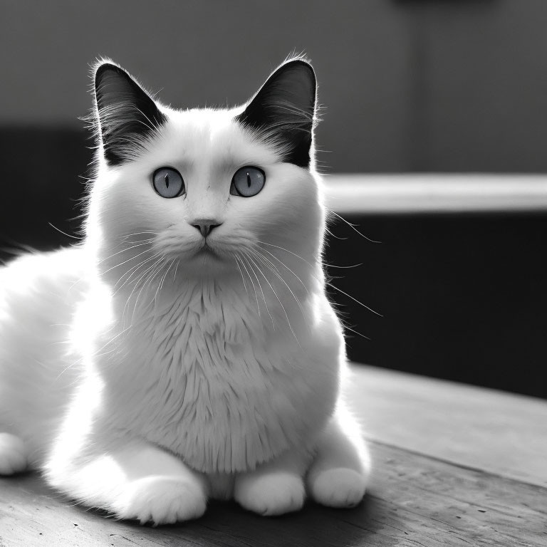 Black and white photo of white cat with blue eyes on wooden surface