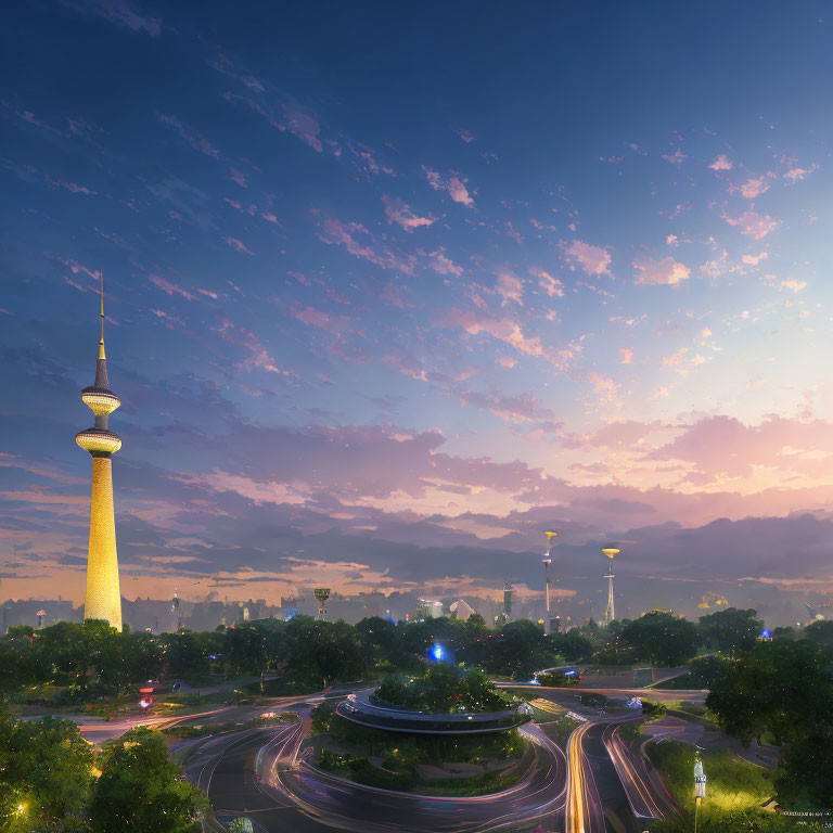 Twilight cityscape with tower, greenery, and illuminated roadway