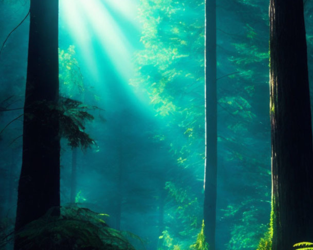 Misty forest scene with sunlight rays and green ferns