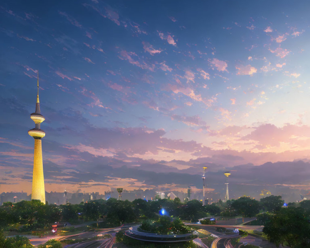 Twilight cityscape with tower, greenery, and illuminated roadway