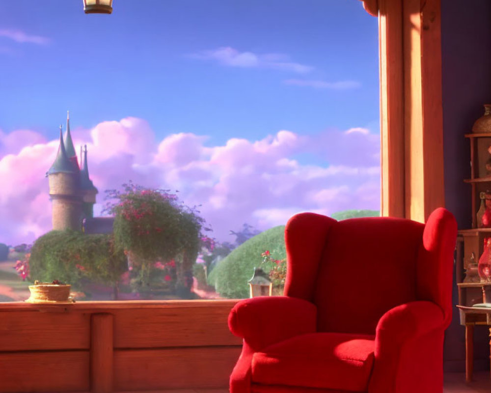 Warm Ambience Room with Red Armchair & Castle View