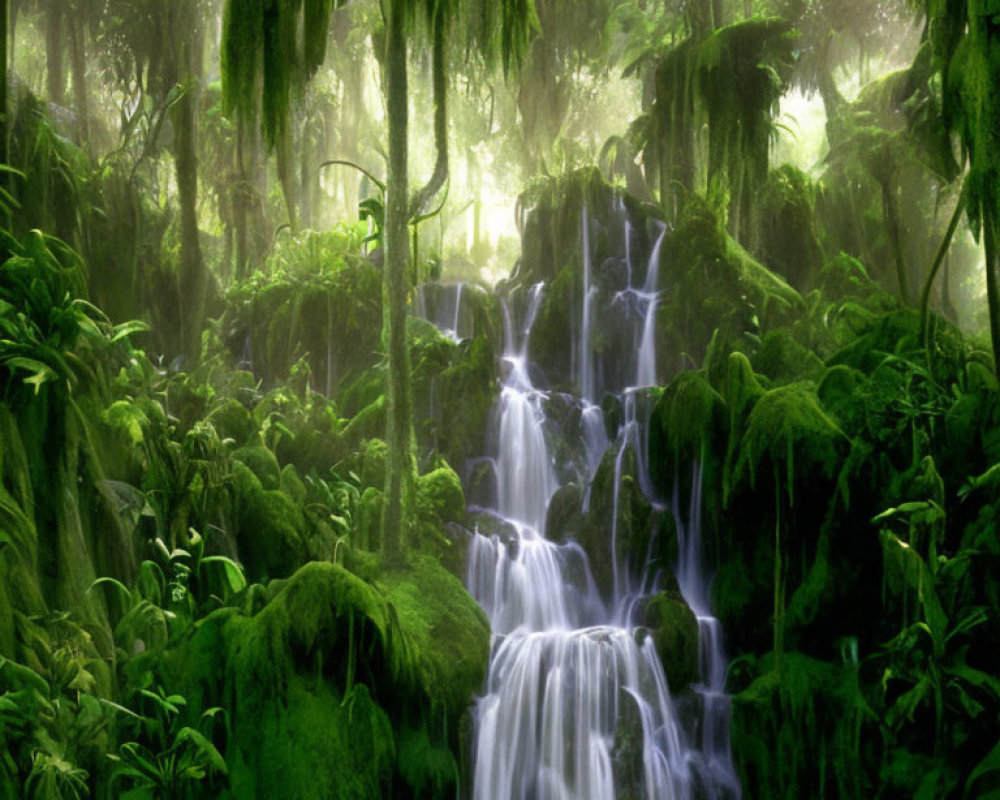 Tranquil waterfall in lush, misty forest with green moss.