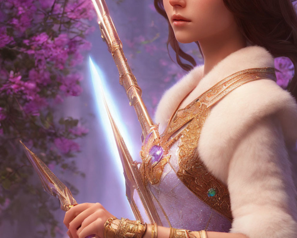 Digital artwork: Woman with glowing sword in pink blossom setting