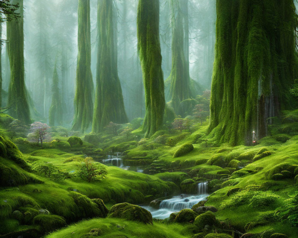 Enchanting misty forest scene with moss-covered trees and a serene stream.