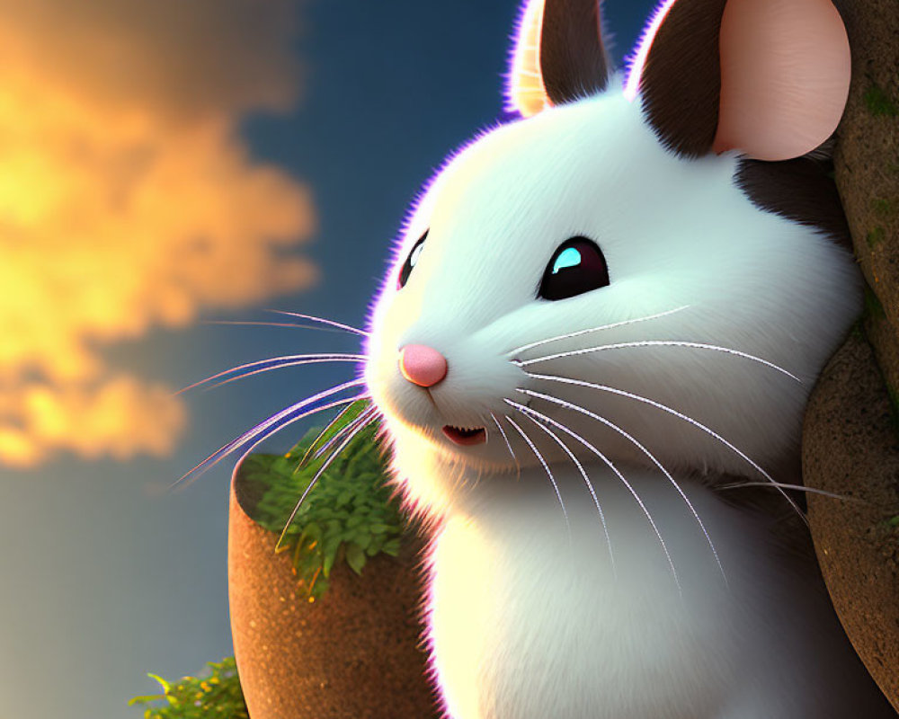 White Mouse with Glowing Purple Outlines in Sunset Sky