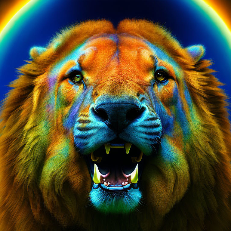 Colorful Lion Face Artwork with Rainbow Mane on Dark Background