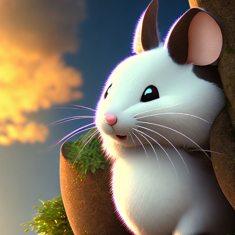 White Mouse with Glowing Purple Outlines in Sunset Sky