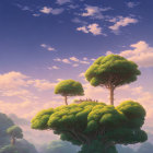 Tranquil Landscape: Towering Trees, Pastel Sky, Fluffy Clouds at Sunrise/S