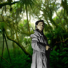 Man in grey coat with binoculars in misty jungle surrounded by large green leaves