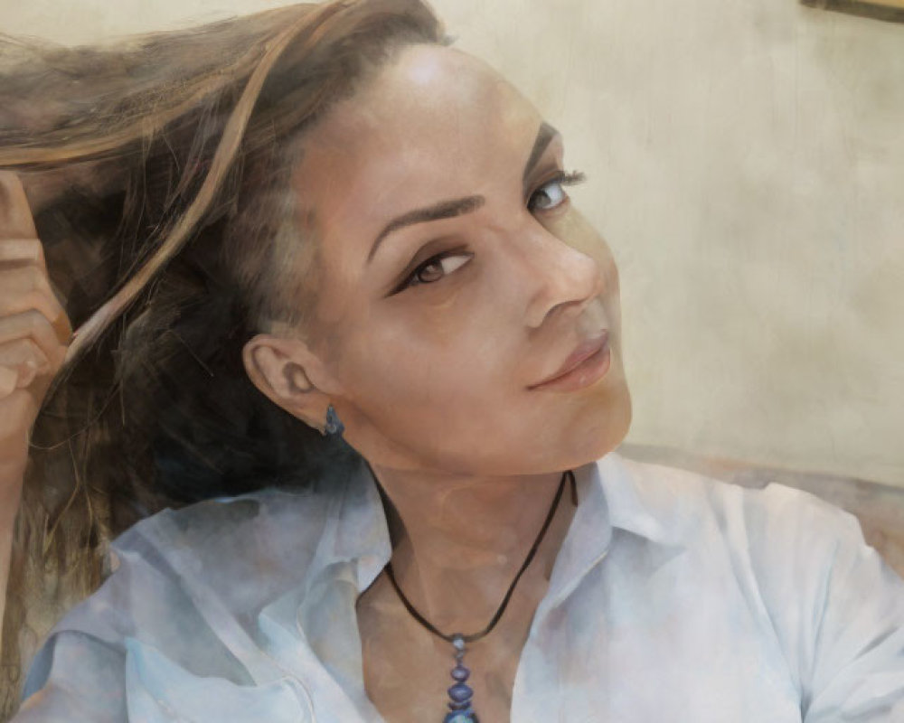 Smirking woman in light blue shirt with windswept hair and pendant necklace