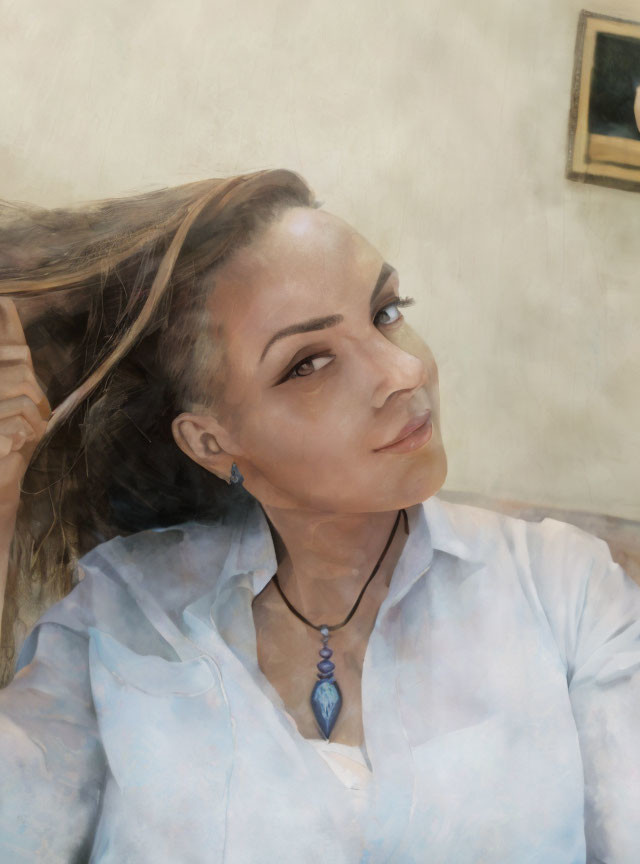 Smirking woman in light blue shirt with windswept hair and pendant necklace