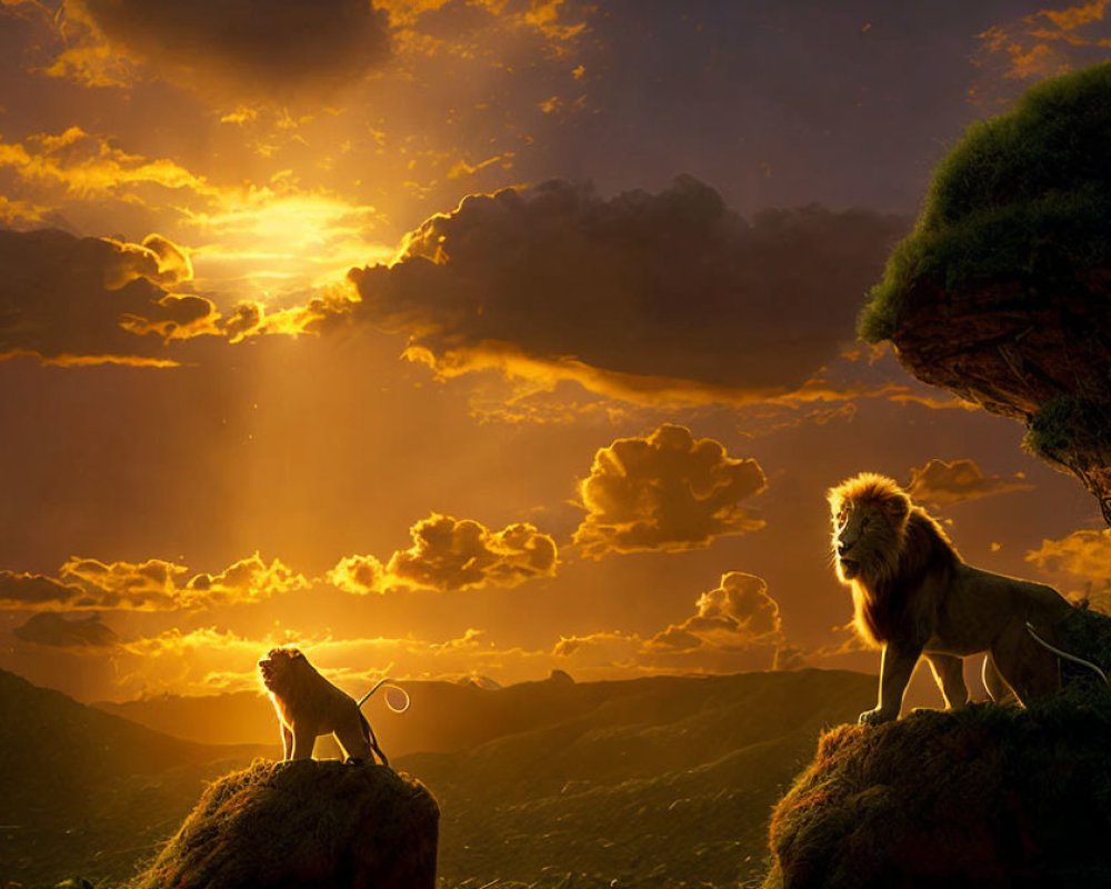 Majestic lion and cub on cliff edge at sunset