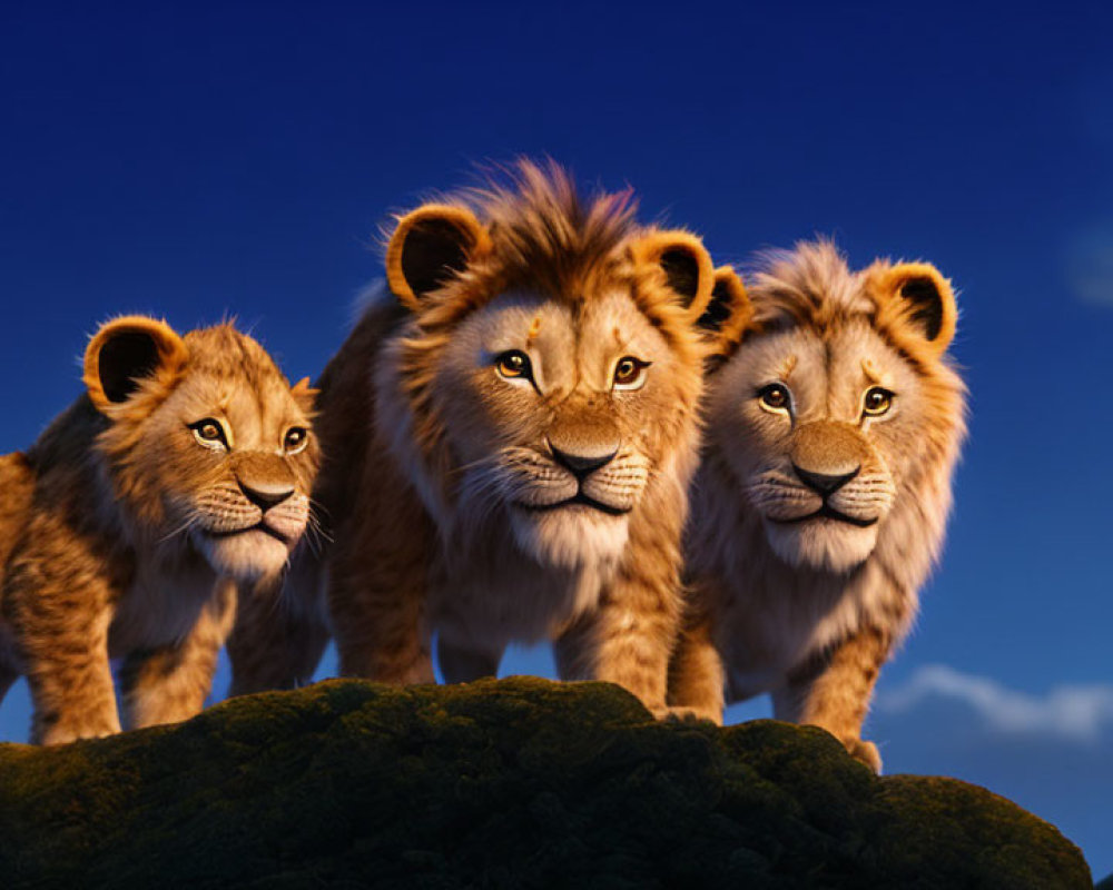 Three animated lions on rock under clear blue sky