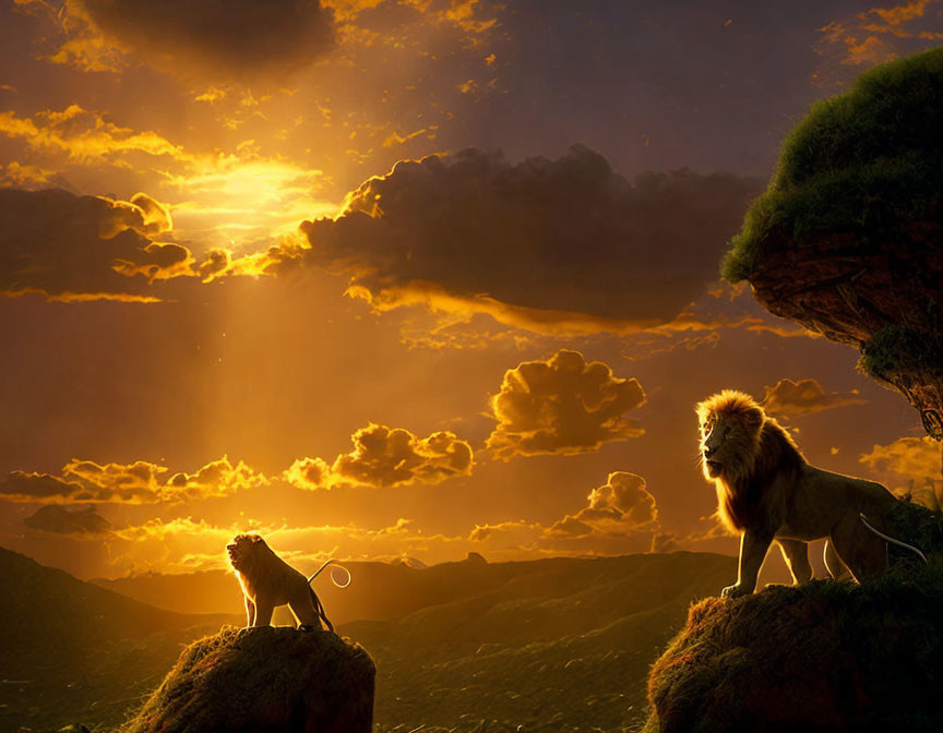 Majestic lion and cub on cliff edge at sunset