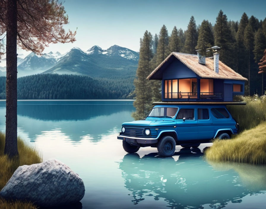 Tranquil lakeside scene with blue SUV near cabin in mountain forest