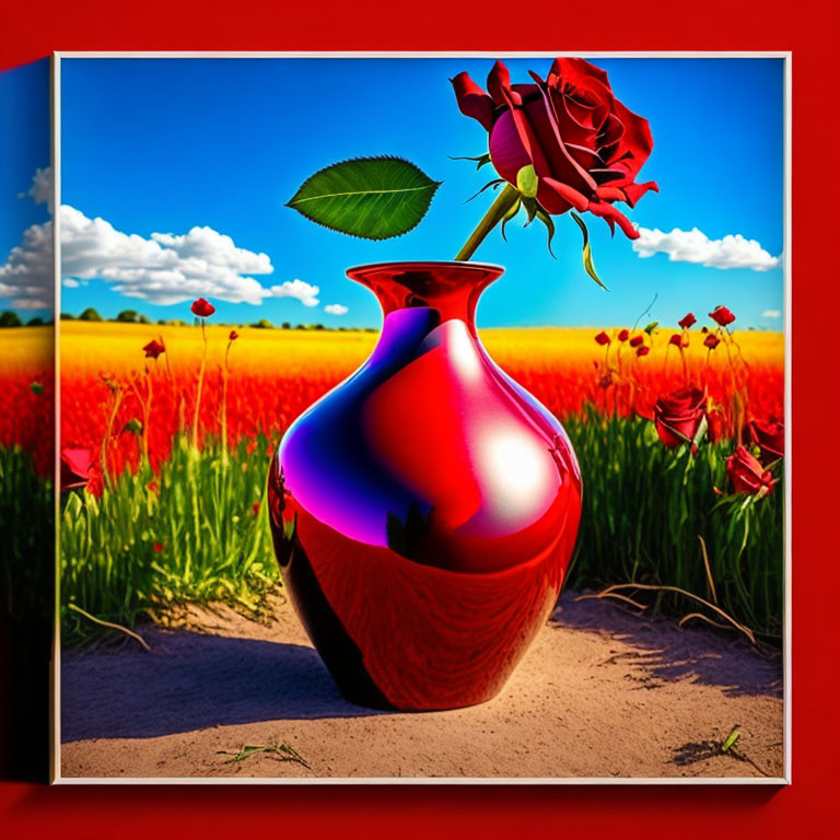 Vivid Digital Artwork: Red Vase, Rose, Poppies & Blue Sky