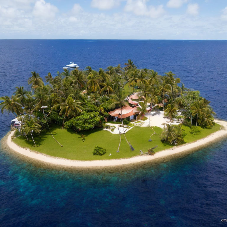 Tropical island with buildings, palm trees, beach, and blue water