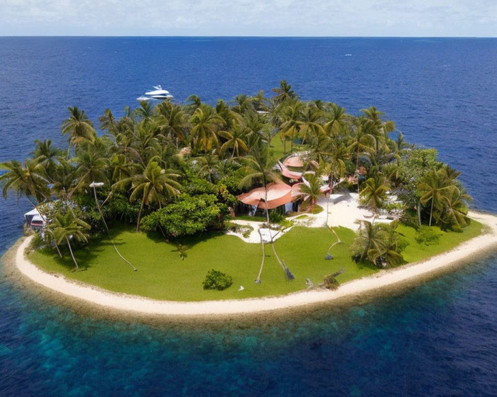 Tropical island with buildings, palm trees, beach, and blue water