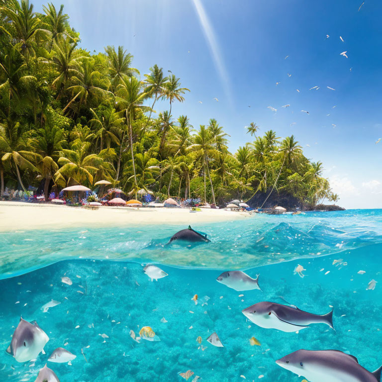 Tropical Beach Scene with Palm Trees, Sunbathers, Fish, and Rays