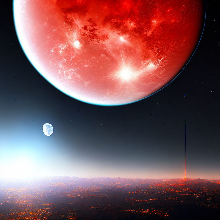 Futuristic cityscape with red planet, moon, and light beam