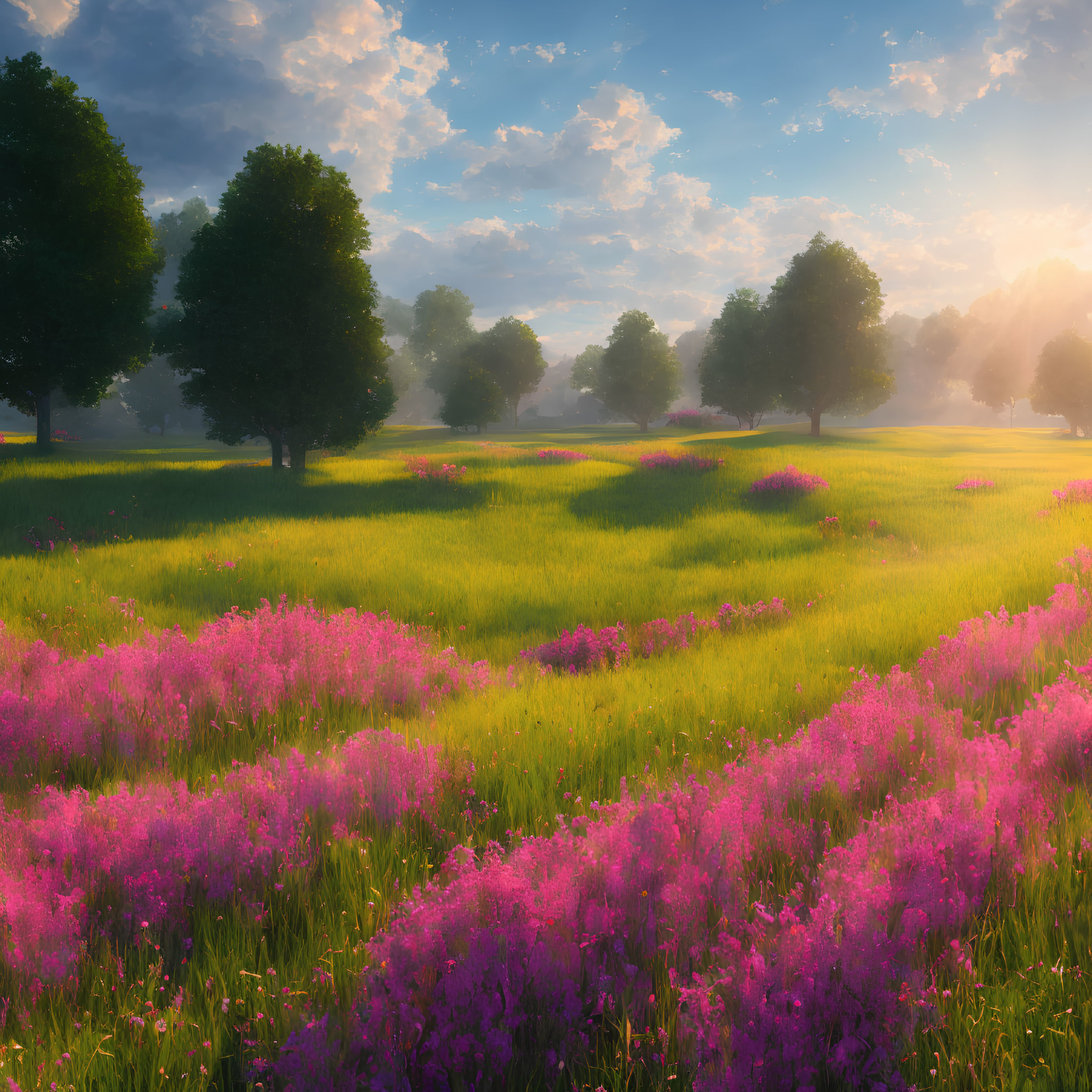 Serene sunrise over pink wildflowers and scattered trees