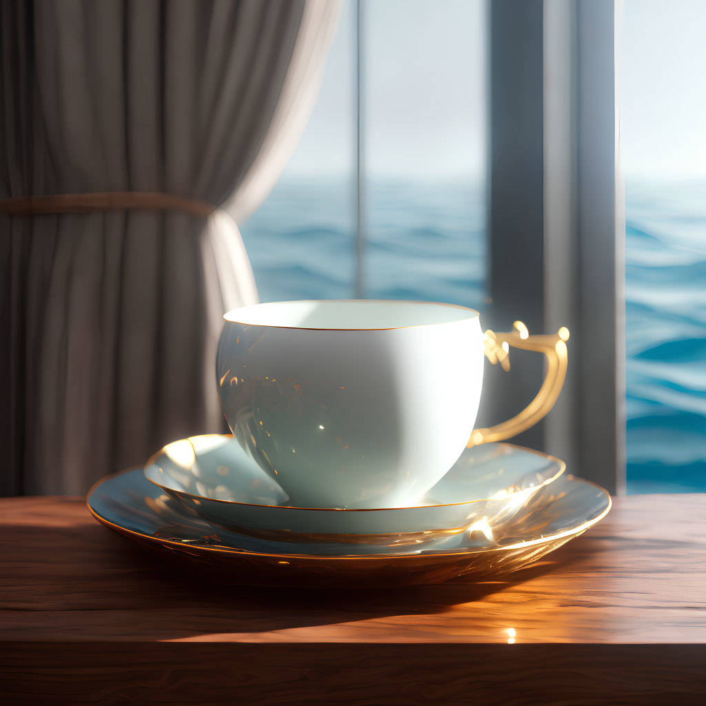 White Cup with Golden Rim on Saucer by Sunlit Sea View Window