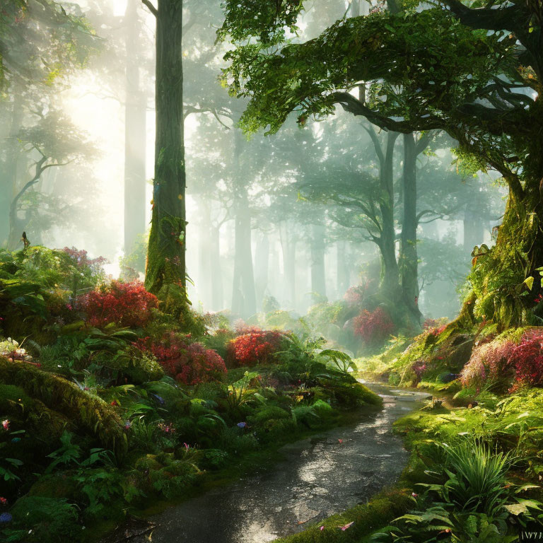 Sunlit Forest Path with Lush Greenery and Towering Trees