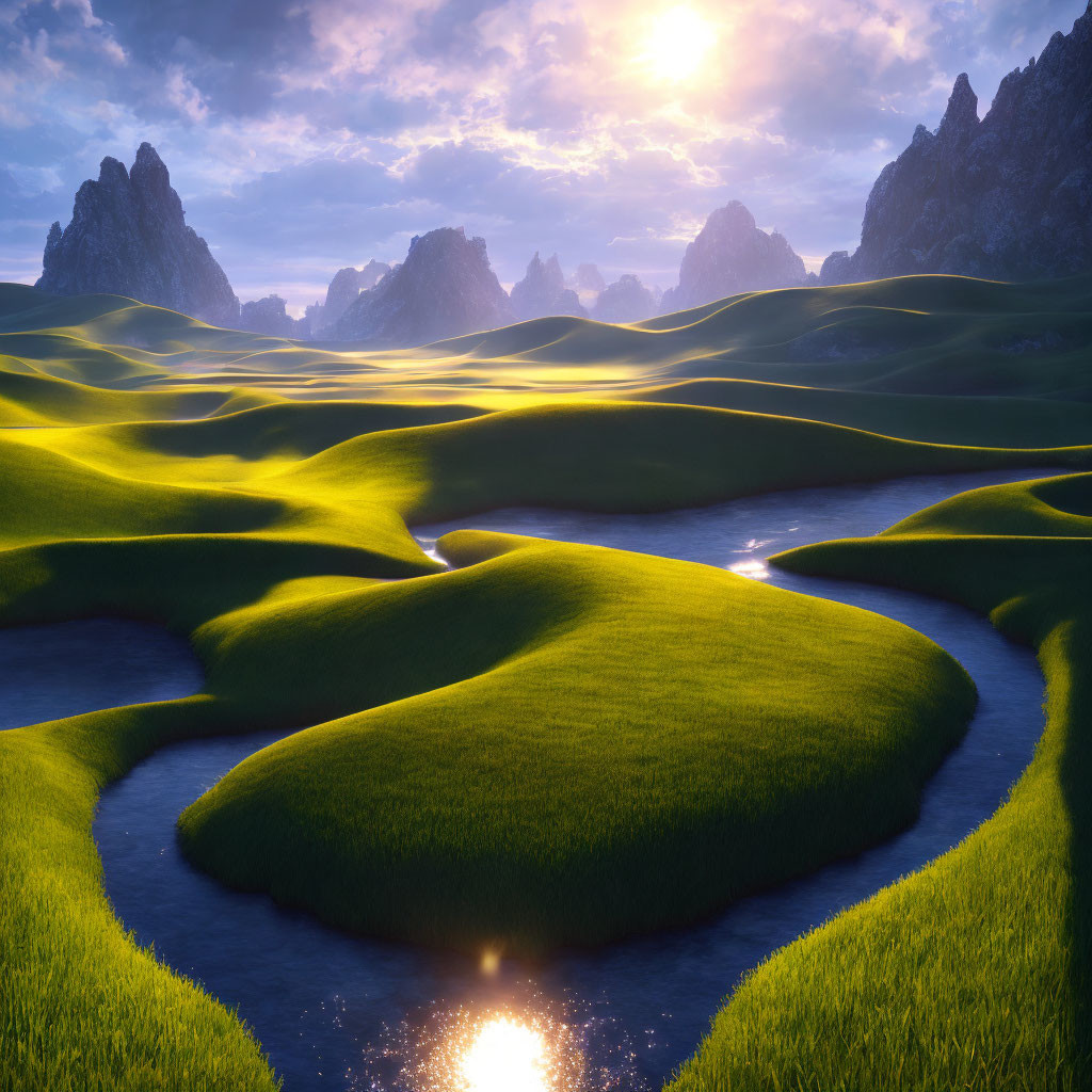 Scenic landscape of green hills, winding river, and mountains under blue sky