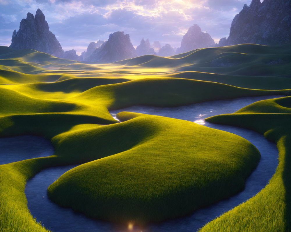 Scenic landscape of green hills, winding river, and mountains under blue sky