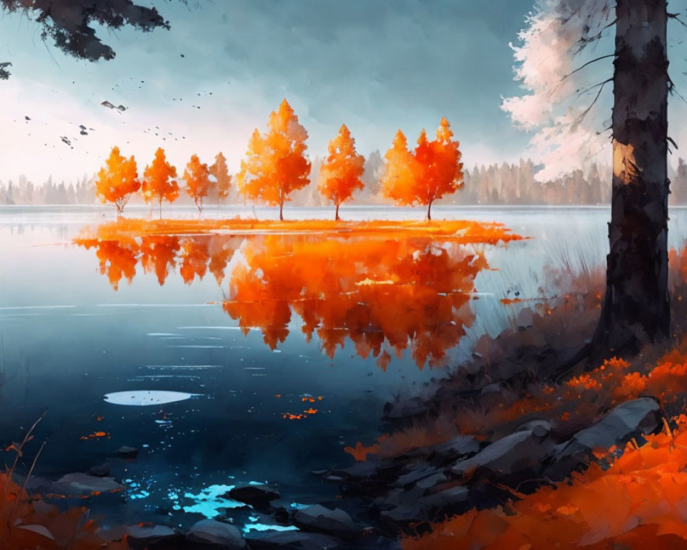 Tranquil autumn landscape with vibrant orange trees and calm lake