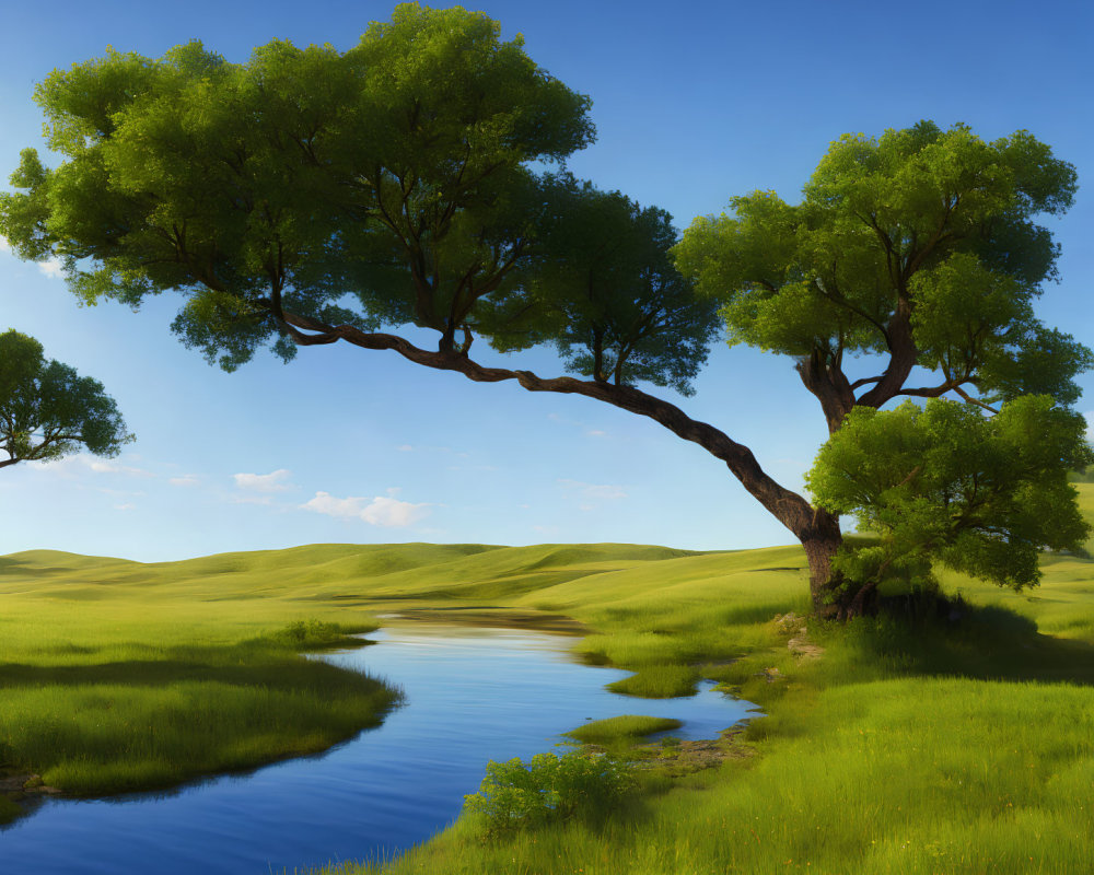 Serene landscape with lush green tree, blue river, and rolling hills