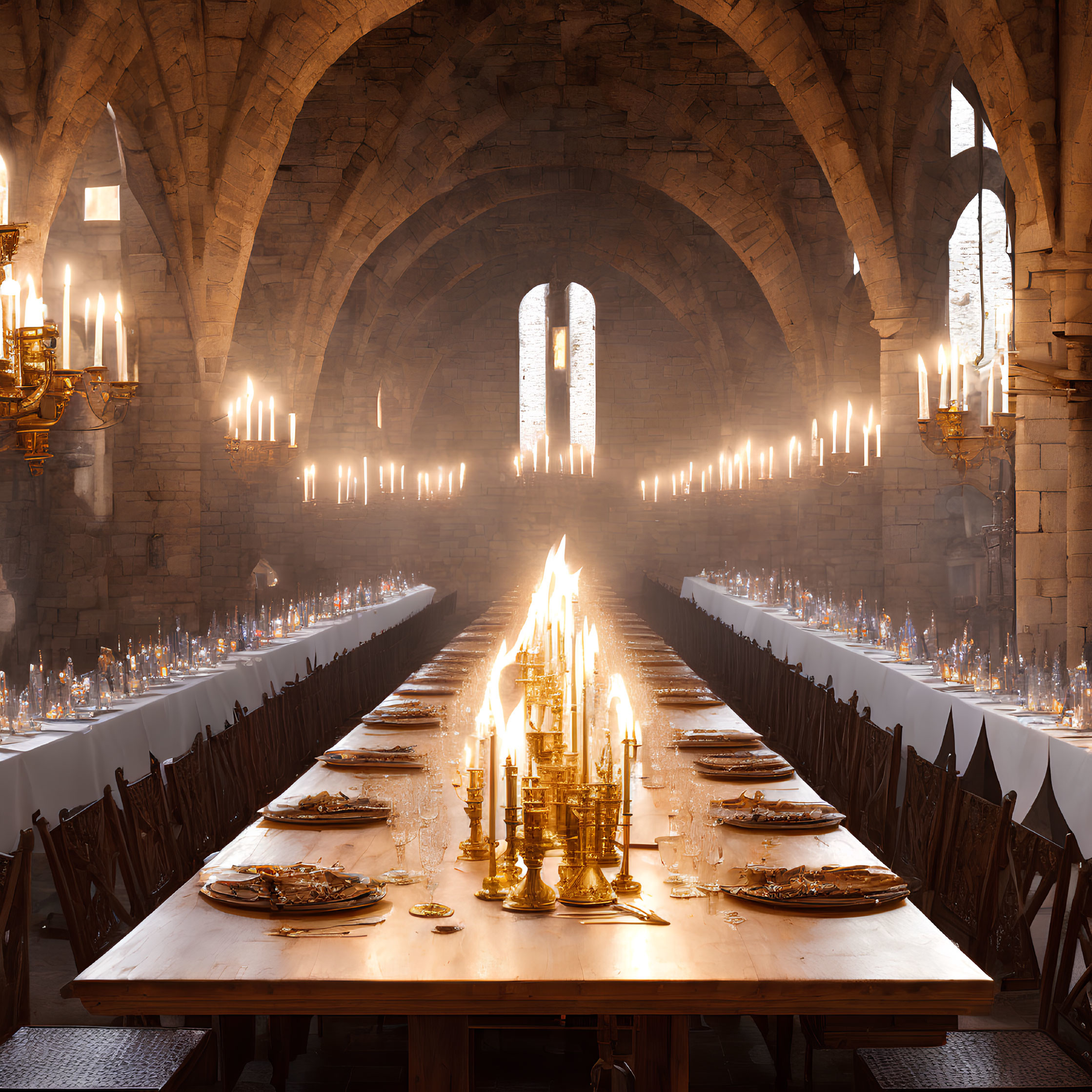 Medieval dining hall with long wooden table set for feast