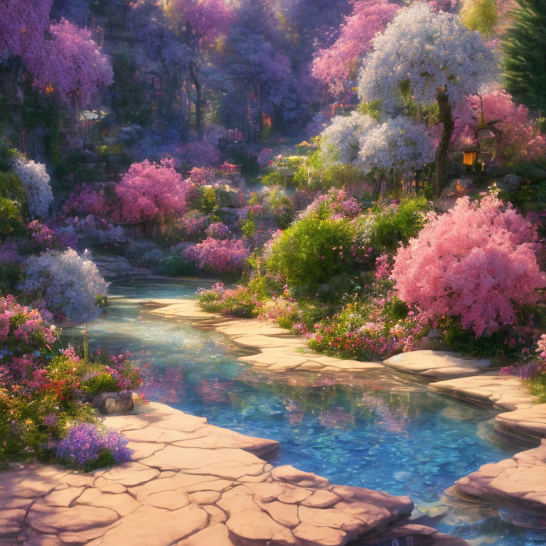 Tranquil garden with pink and white flowers, stream, stone pathways