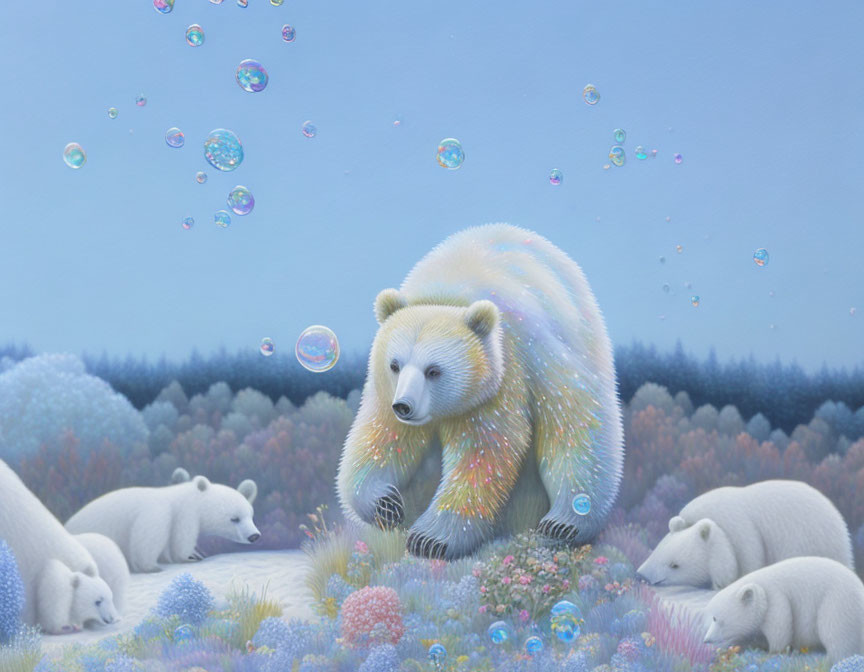 Vibrant illustration of sparkling bear with polar bears in pastel forest