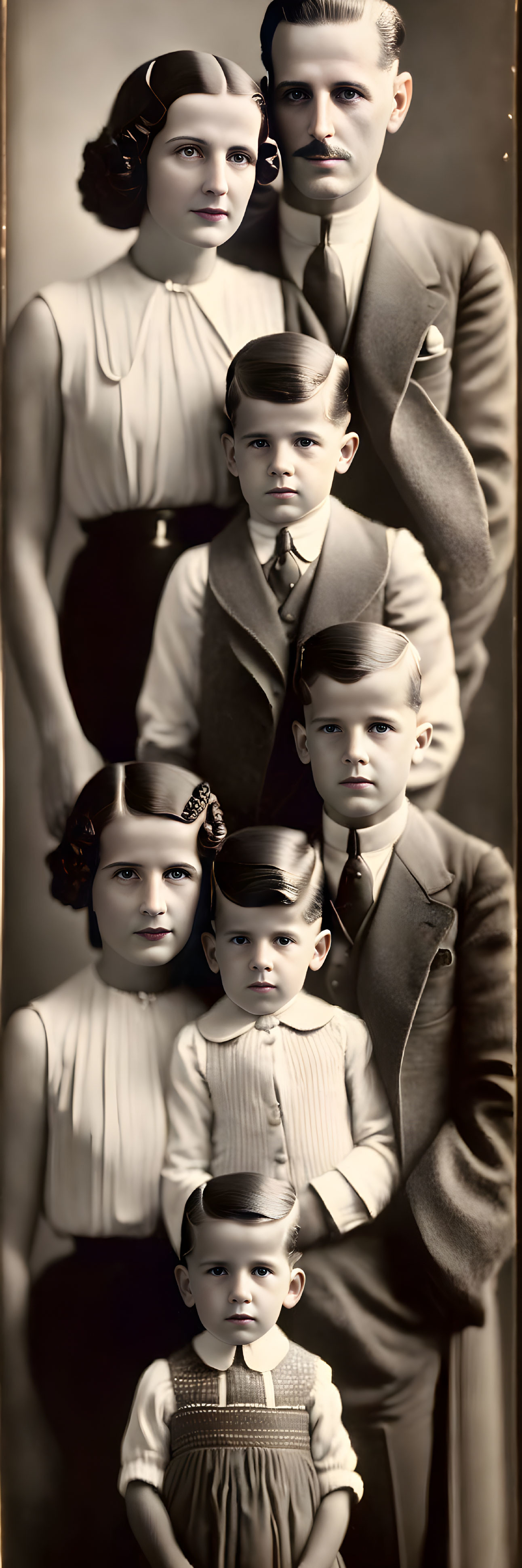 Family portrait: vintage black and white, parents with four children in formal attire