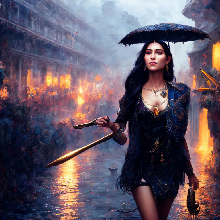 Confident woman with sword and umbrella in mystical fiery alleyway