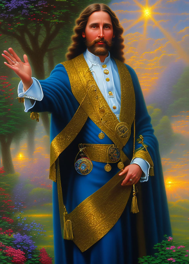 Stylized portrait of a man in blue robe with gold sash, amidst floral backdrop