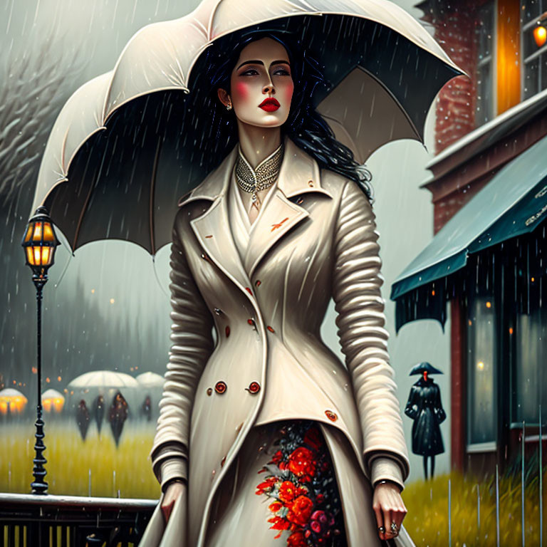 Stylized illustration of woman with umbrella in rain