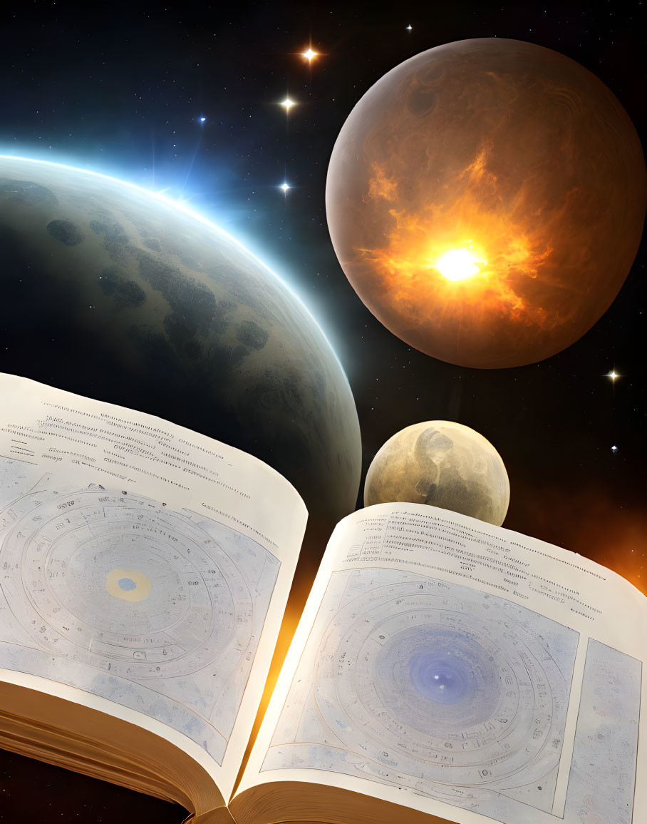 Astronomical diagrams in open book with planets and sun on cosmic backdrop