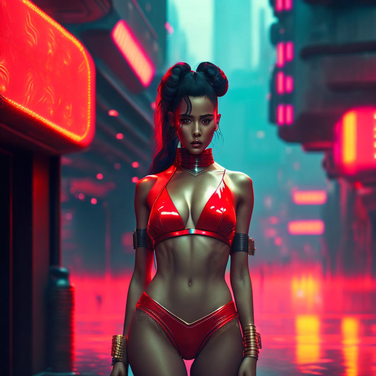 Digital Artwork: Woman in Futuristic Attire in Neon Cyberpunk City