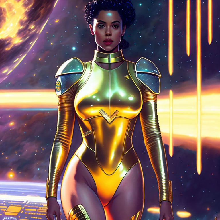 Futuristic female character in afro hairstyle and space suit against cosmic backdrop