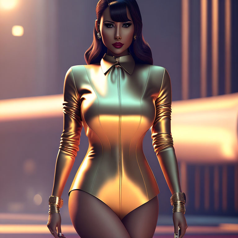 Sleek Bob Haircut Woman in Golden Bodysuit Illustration