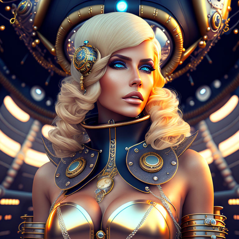 Futuristic digital illustration of blonde woman in ornate gold armor