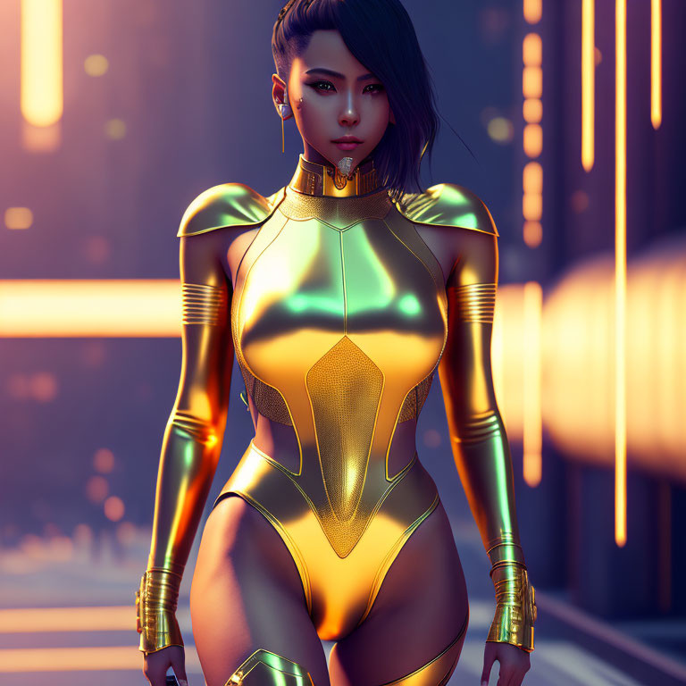 Futuristic digital artwork of confident woman in gold and white bodysuit