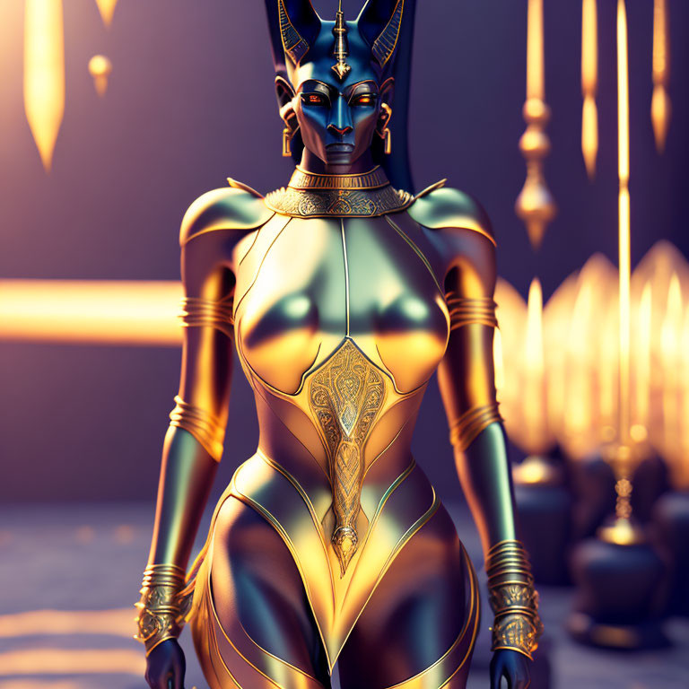 Golden futuristic female figure with Egyptian features in a room with warm lighting